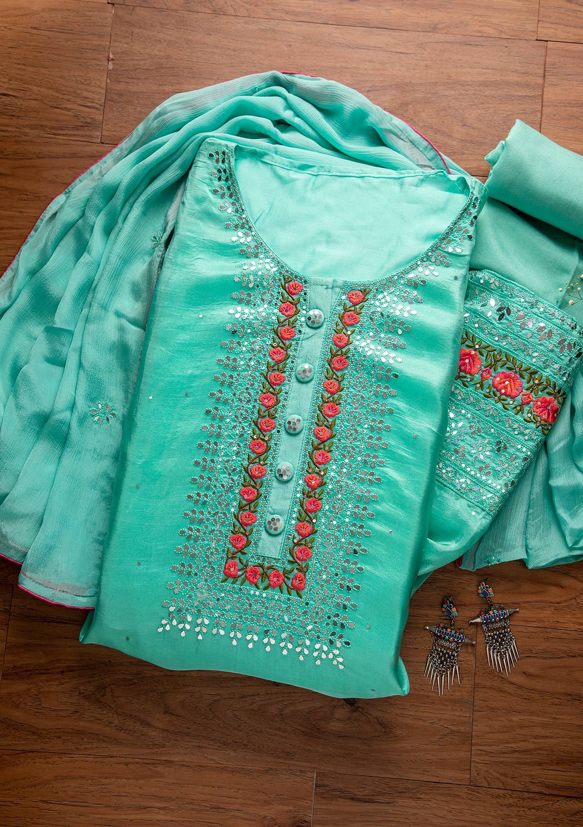 Sea Green Mirrorwork Semi Crepe Designer Semi-Stitched Salwar Suit - koskii