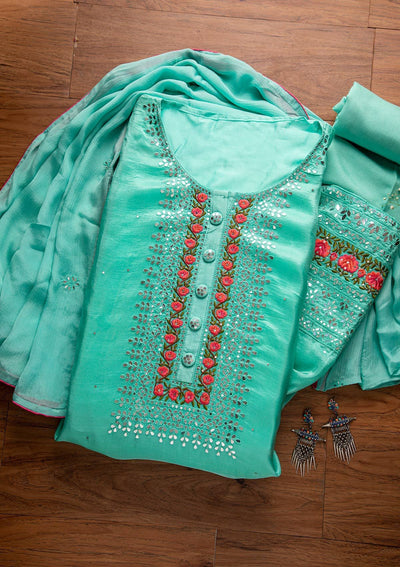 Sea Green Mirrorwork Semi Crepe Designer Semi-Stitched Salwar Suit - koskii