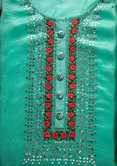 Sea Green Mirrorwork Semi Crepe Designer Semi-Stitched Salwar Suit - koskii