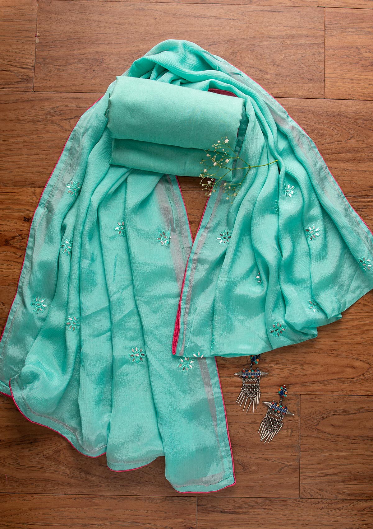 Sea Green Mirrorwork Semi Crepe Designer Semi-Stitched Salwar Suit - koskii