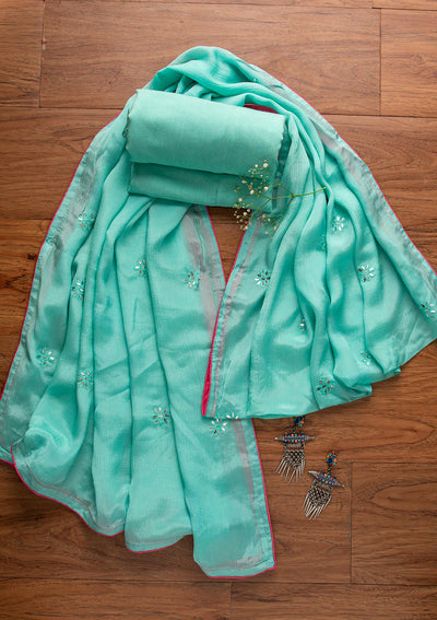 Sea Green Mirrorwork Semi Crepe Designer Semi-Stitched Salwar Suit - koskii