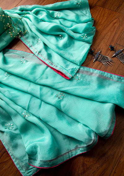 Sea Green Mirrorwork Semi Crepe Designer Semi-Stitched Salwar Suit - koskii