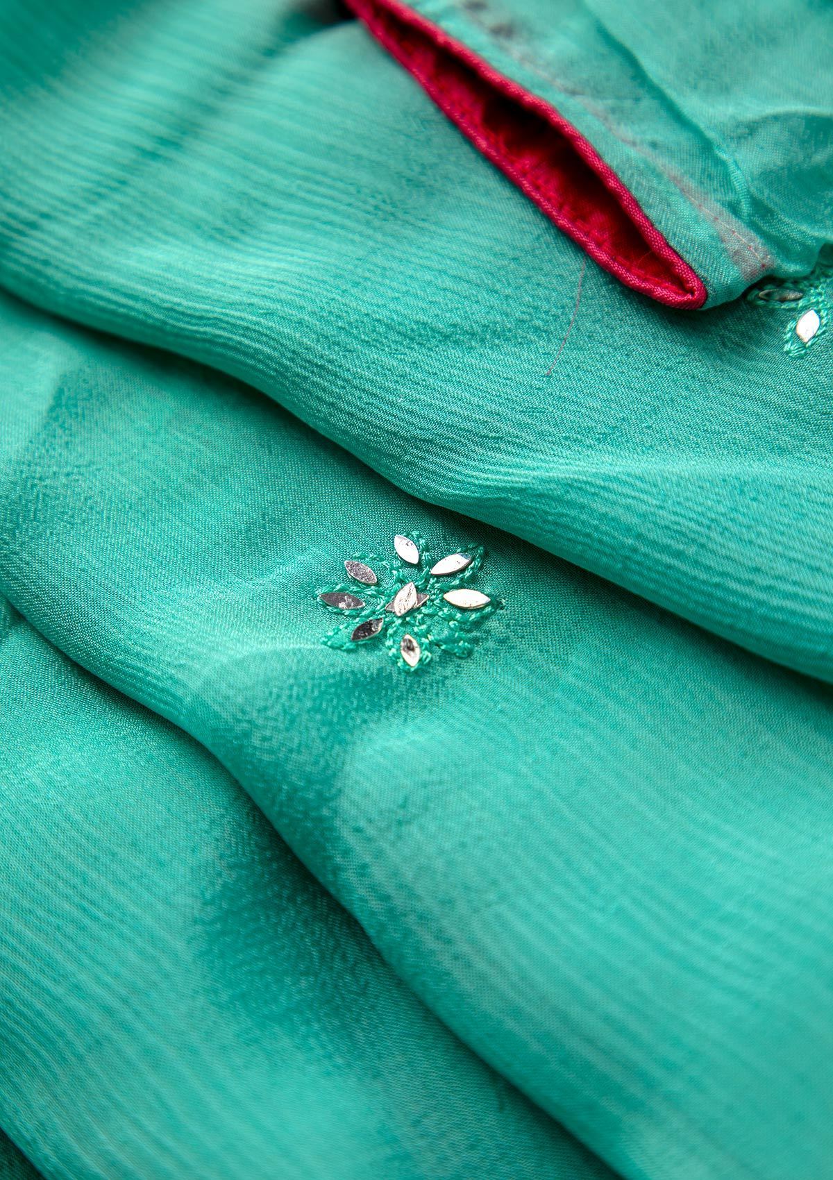 Sea Green Mirrorwork Semi Crepe Designer Semi-Stitched Salwar Suit - koskii