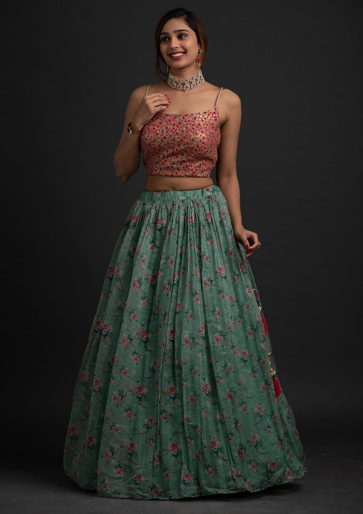 Sea Green Sequins Tissue Designer Lehenga - koskii