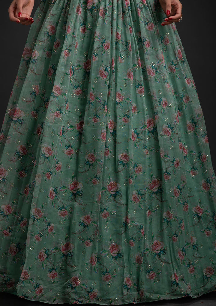 Sea Green Sequins Tissue Designer Lehenga - koskii
