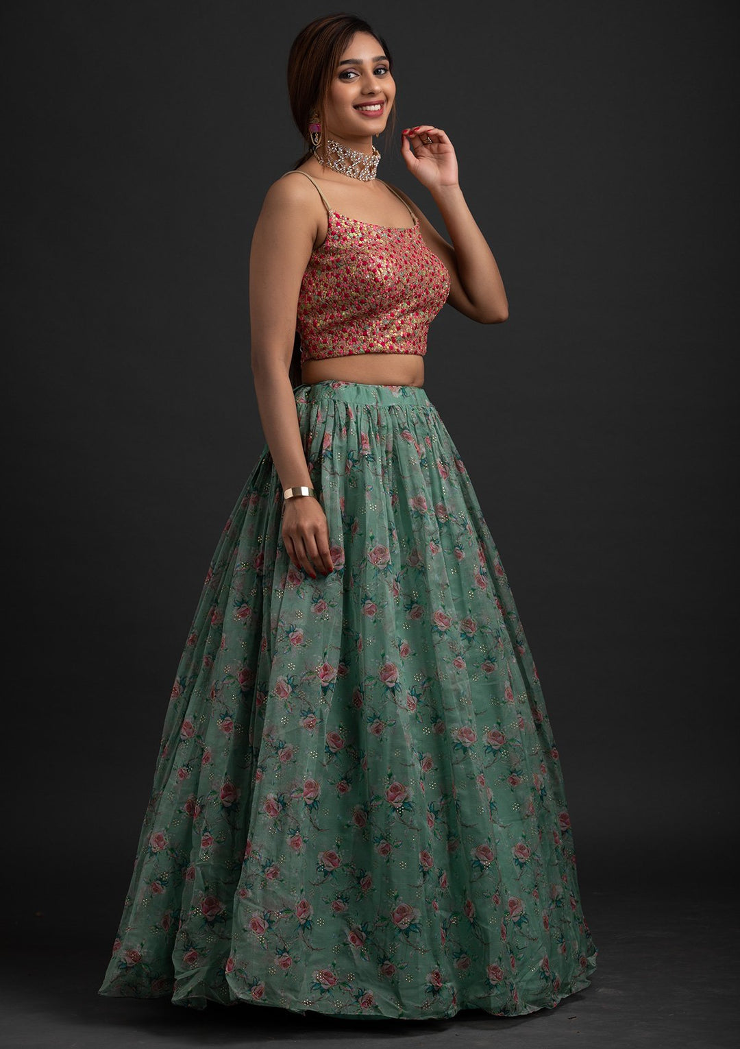 Sea Green Sequins Tissue Designer Lehenga - koskii