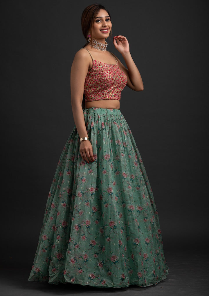 Sea Green Sequins Tissue Designer Lehenga - koskii
