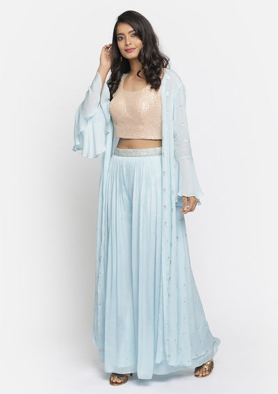 Sky Blue Sequins Semi Crepe Designer Salwar Suit - koskii