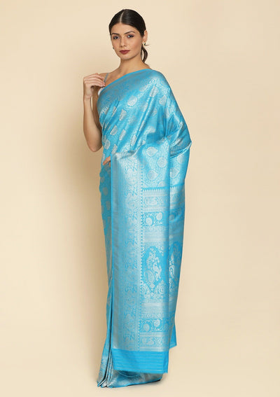 Turquoise Blue Silver Zariwork Raw Silk Designer Saree - koskii