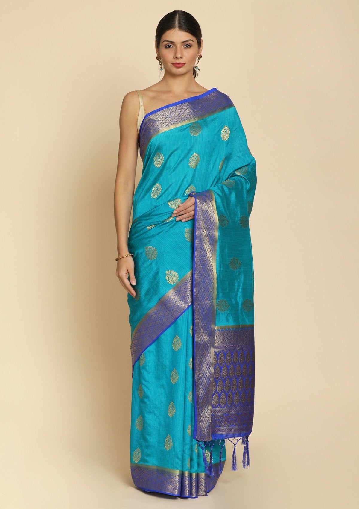 Turquoise Blue Zariwork Raw Silk Designer Saree - koskii