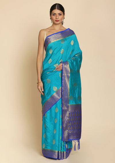 Turquoise Blue Zariwork Raw Silk Designer Saree - koskii