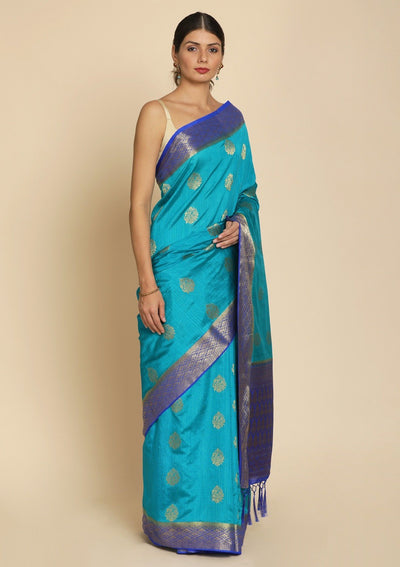 Turquoise Blue Zariwork Raw Silk Designer Saree - koskii