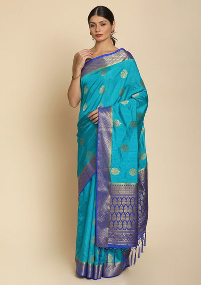 Turquoise Blue Zariwork Raw Silk Designer Saree - koskii
