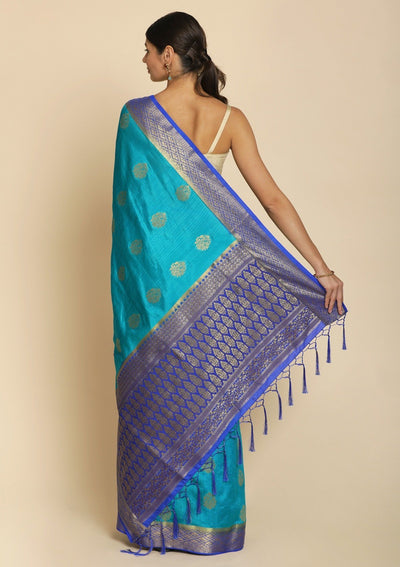 Turquoise Blue Zariwork Raw Silk Designer Saree - koskii