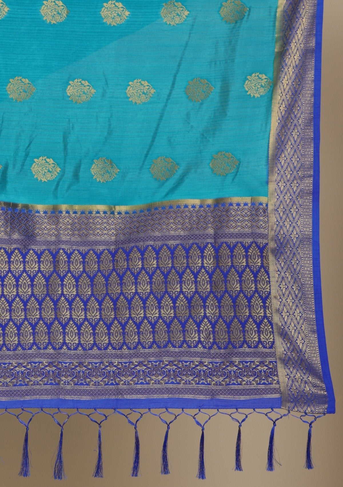 Turquoise Blue Zariwork Raw Silk Designer Saree - koskii