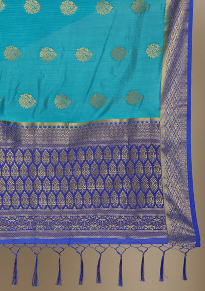 Turquoise Blue Zariwork Raw Silk Designer Saree - koskii