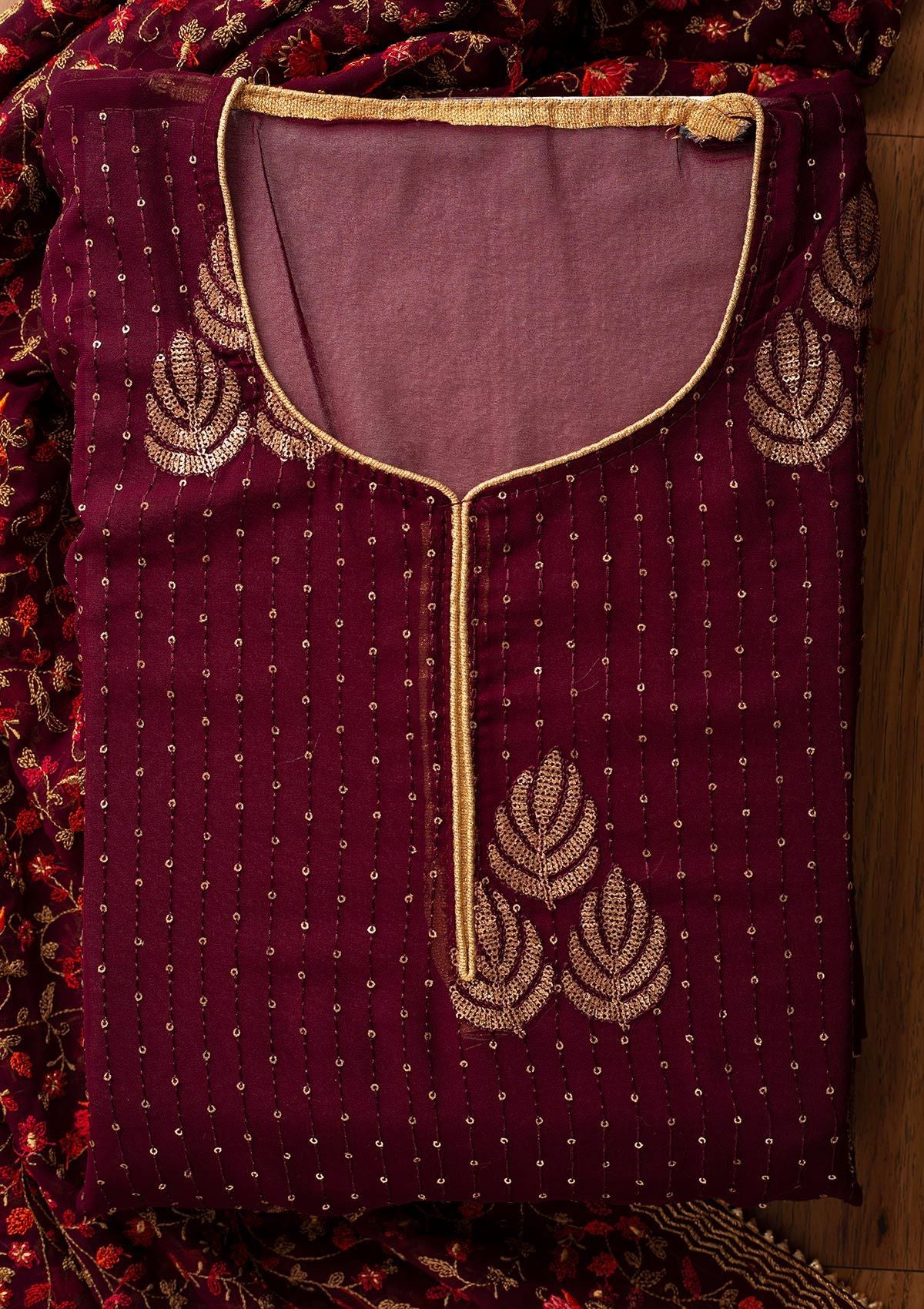 Wine Sequins Georgette Designer Semi-Stitched Salwar Suit - koskii