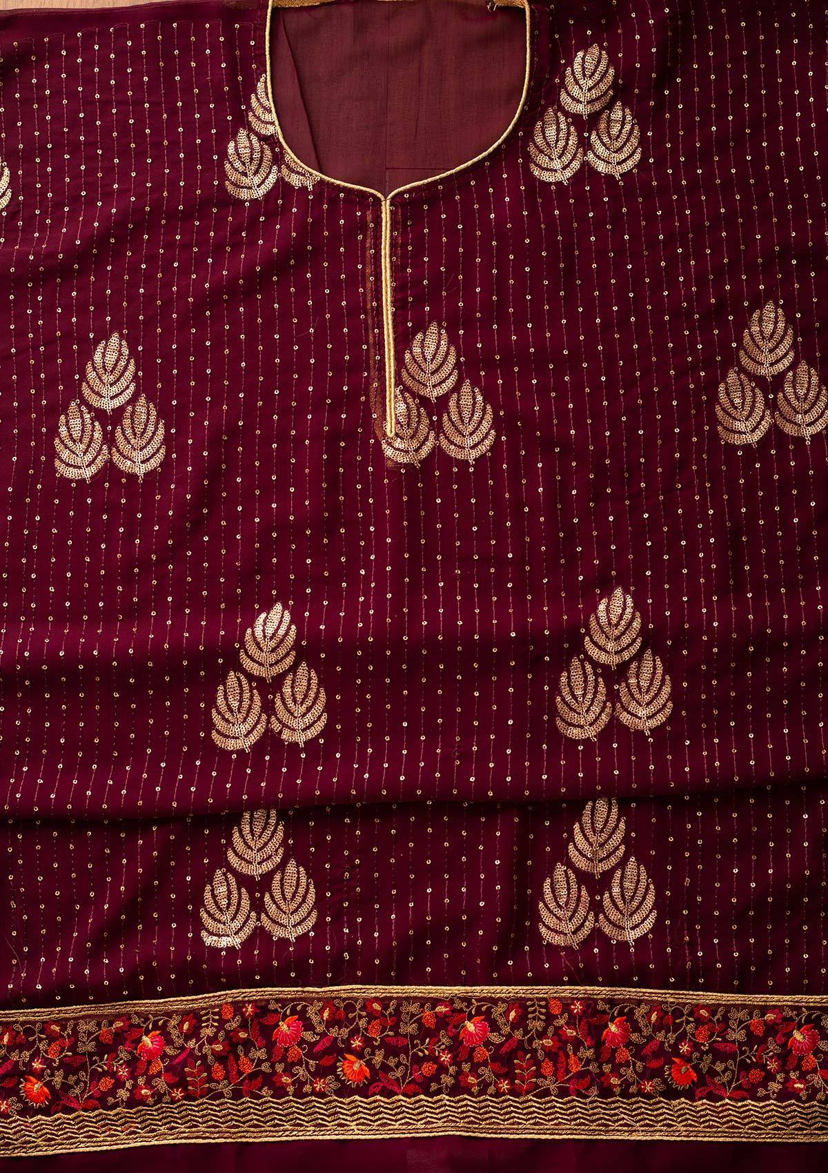 Wine Sequins Georgette Designer Semi-Stitched Salwar Suit - koskii