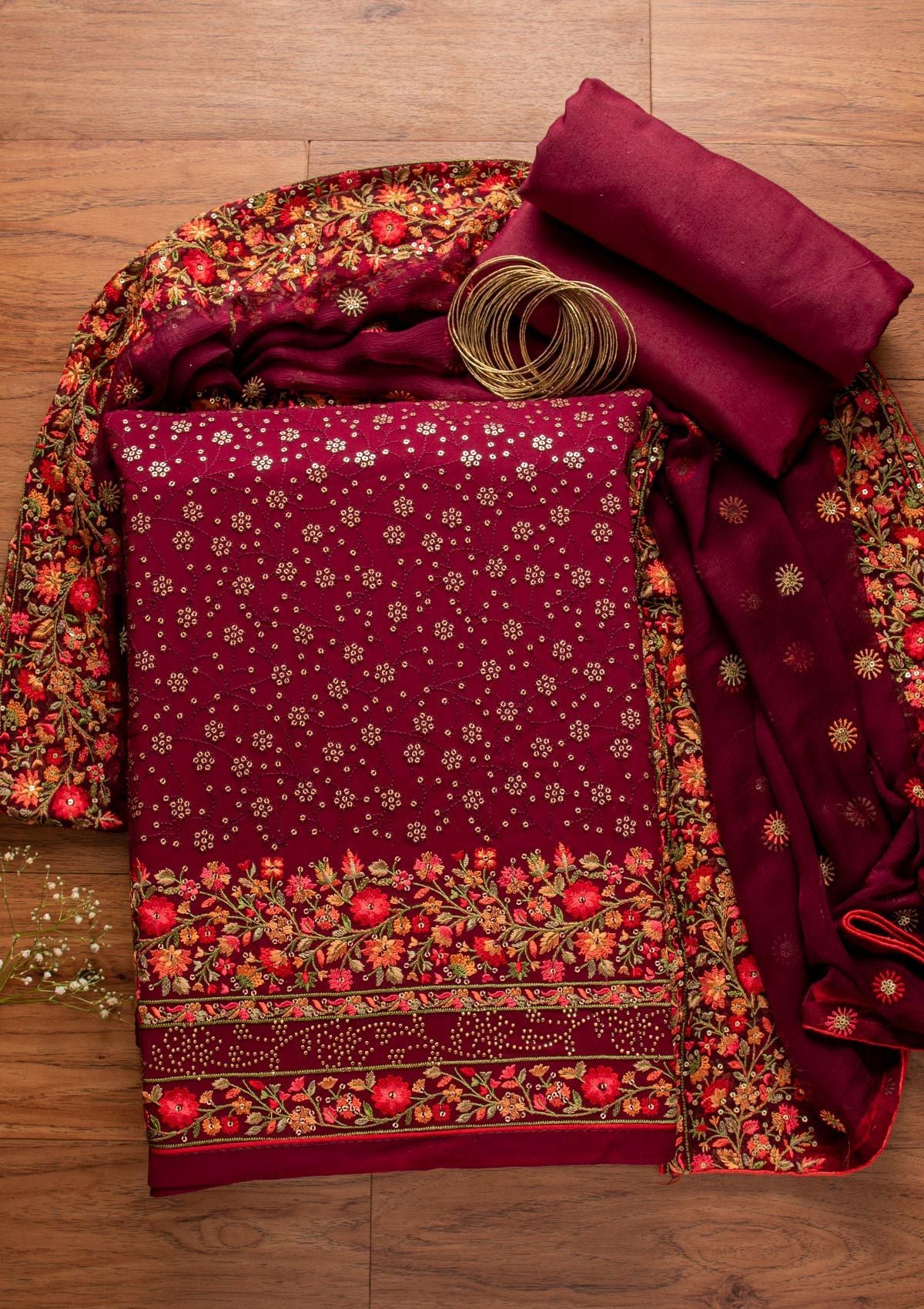 Wine Sequins Georgette Designer Unstitched Salwar Suit - koskii