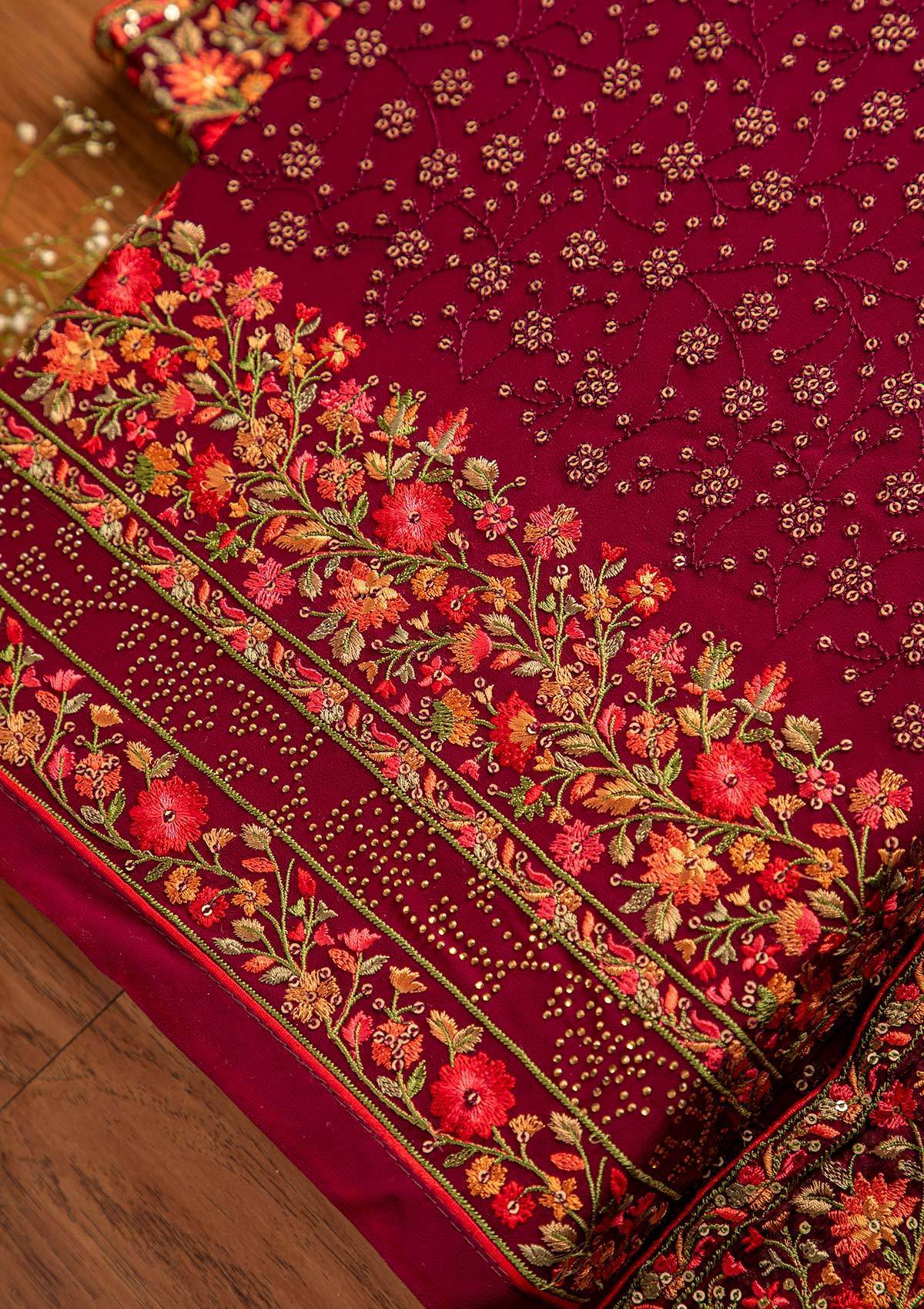 Wine Sequins Georgette Designer Unstitched Salwar Suit - koskii