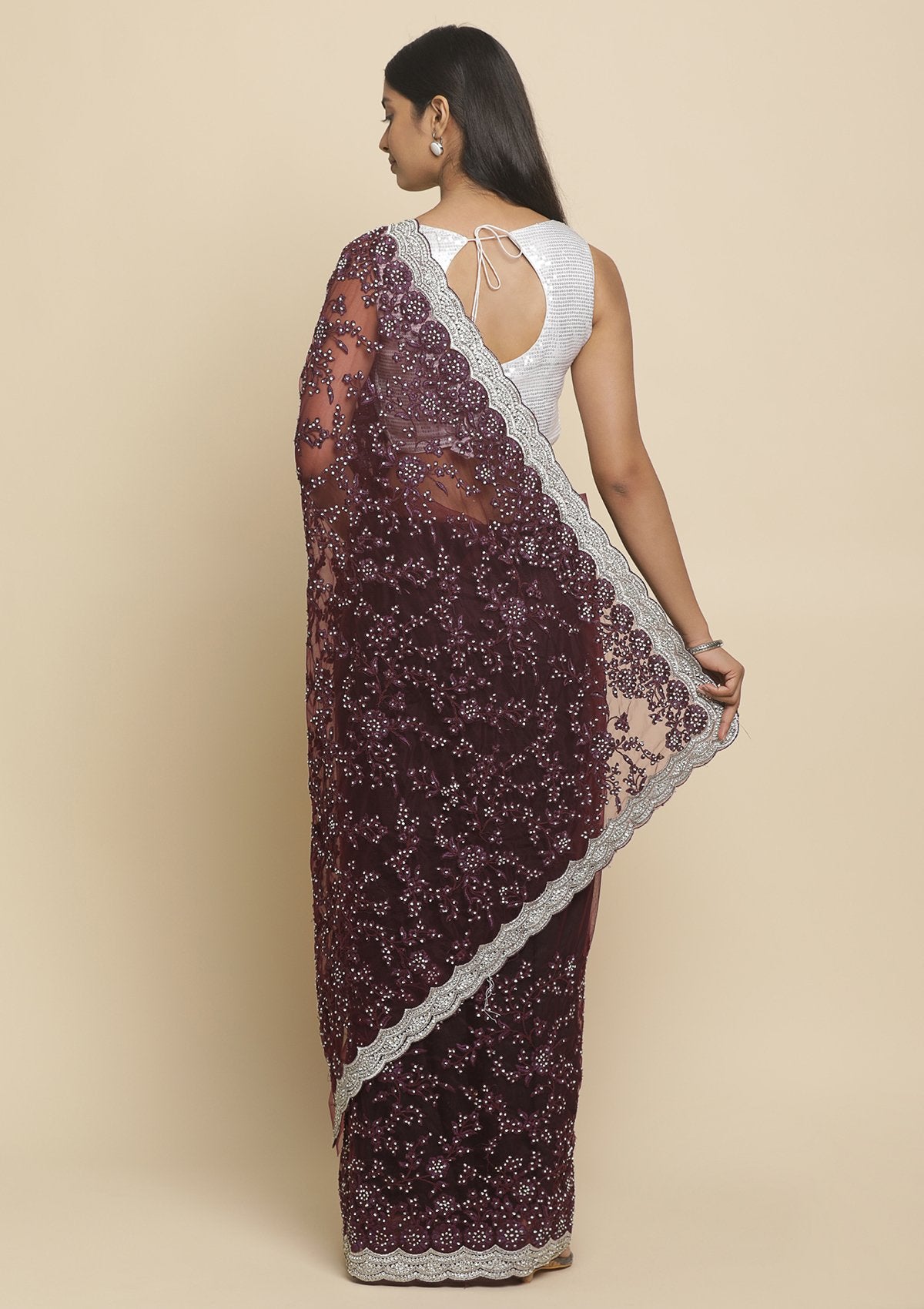 Wine Silver Stonework Satin Designer Saree - koskii