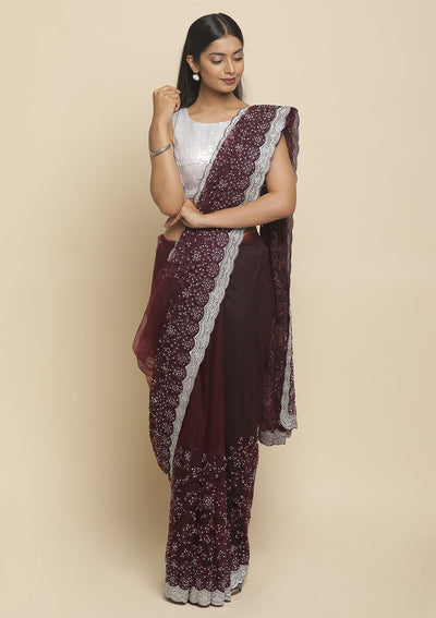 Wine Silver Stonework Satin Designer Saree - koskii
