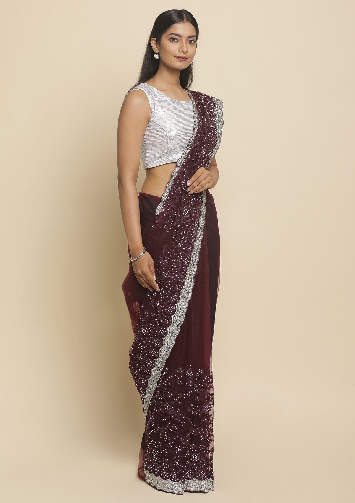 Wine Silver Stonework Satin Designer Saree - koskii