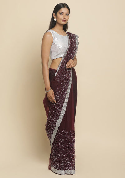 Wine Silver Stonework Satin Designer Saree - koskii