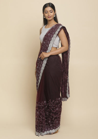 Wine Silver Stonework Satin Designer Saree - koskii