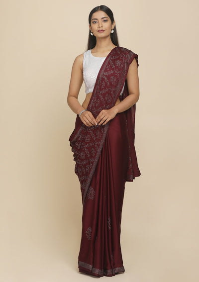 Wine Swarovski  Satin Designer Saree - koskii