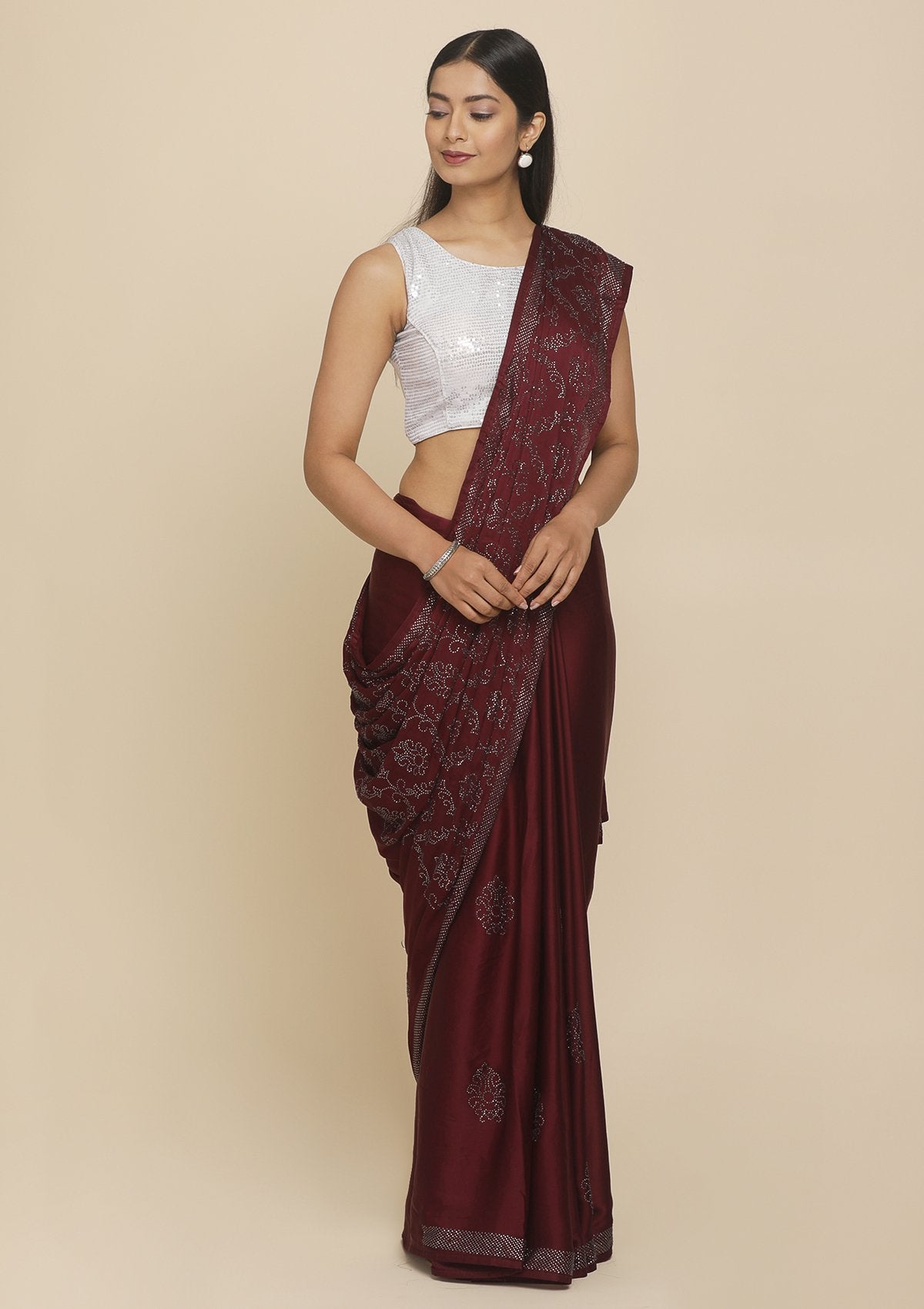 Wine Swarovski  Satin Designer Saree - koskii