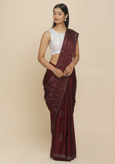 Wine Swarovski  Satin Designer Saree - koskii