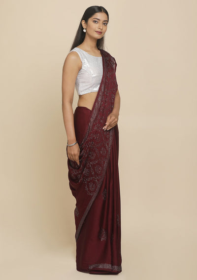Wine Swarovski  Satin Designer Saree - koskii