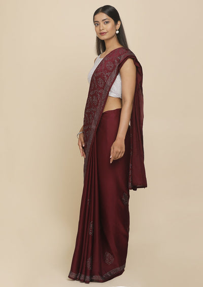 Wine Swarovski  Satin Designer Saree - koskii