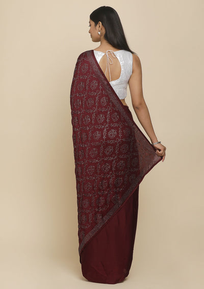 Wine Swarovski  Satin Designer Saree - koskii