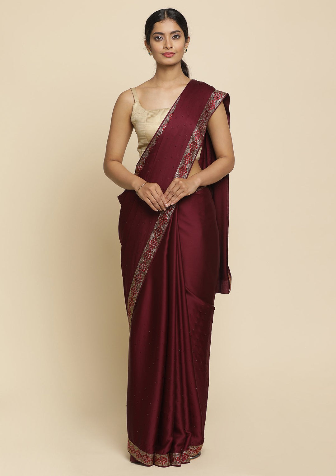 Wine Swarovski  Satin Designer Saree - koskii