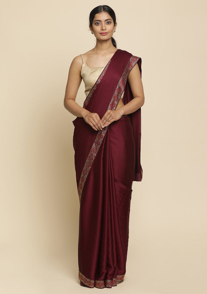 Wine Swarovski  Satin Designer Saree - koskii