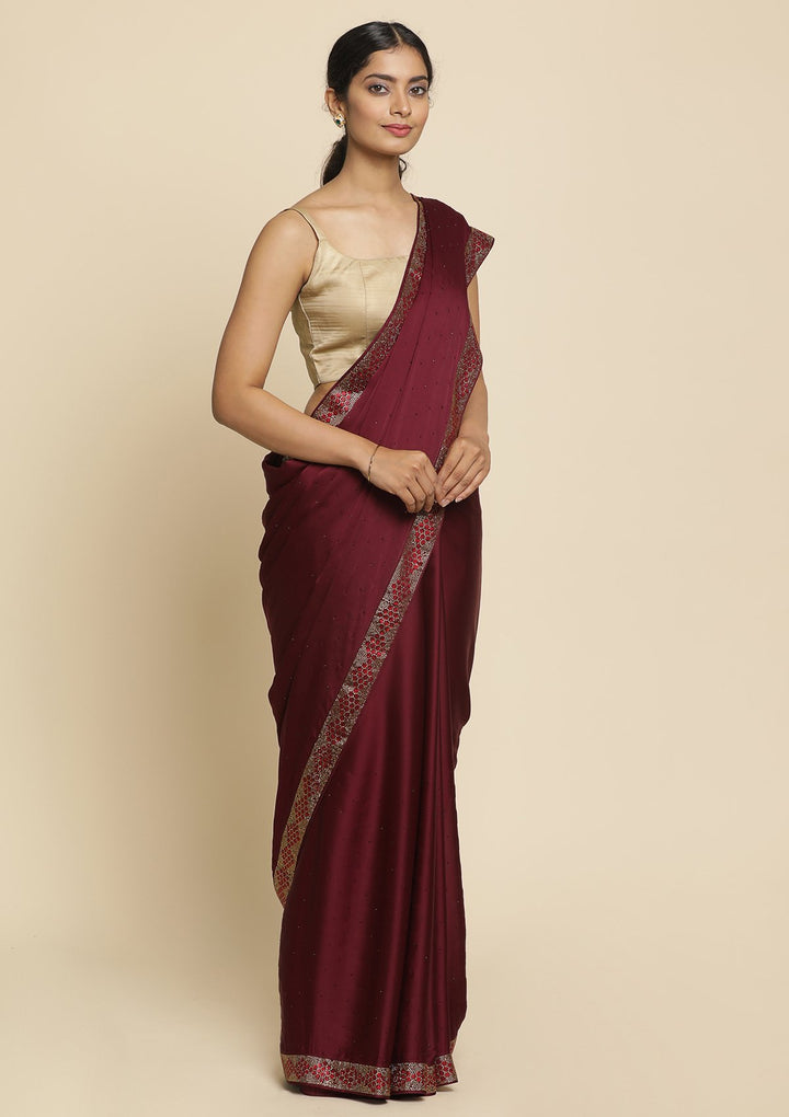 Wine Swarovski  Satin Designer Saree - koskii
