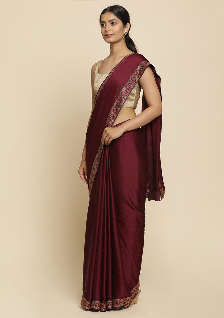 Wine Swarovski  Satin Designer Saree - koskii
