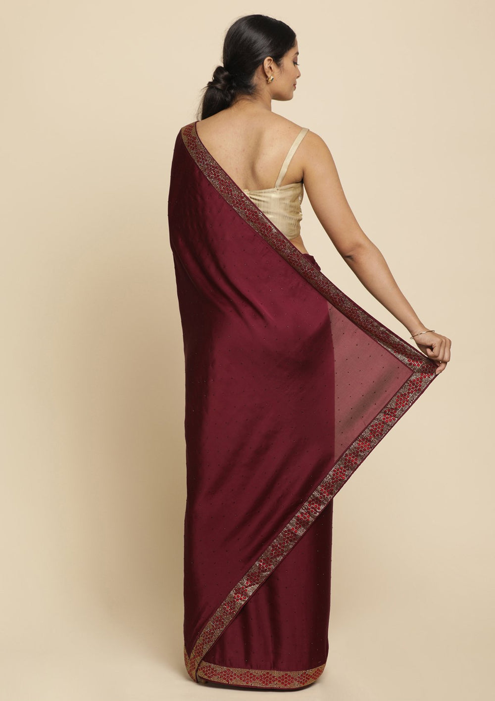 Wine Swarovski  Satin Designer Saree - koskii