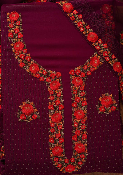 Wine Threadwork Georgette Designer Unstitched Salwar Suit - koskii