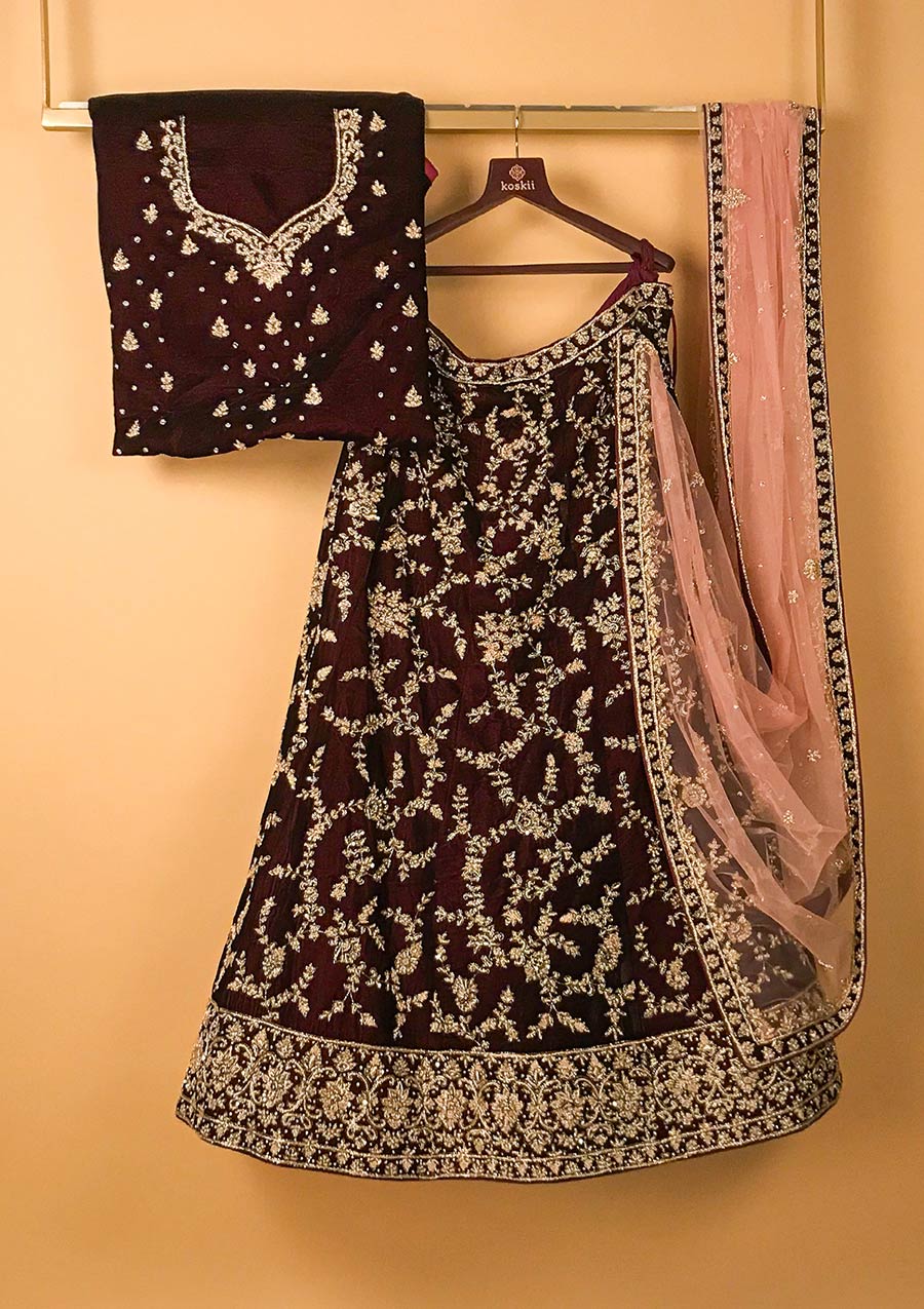 Wine Zardosi Velvet Designer Semi-Stitched Lehenga - koskii