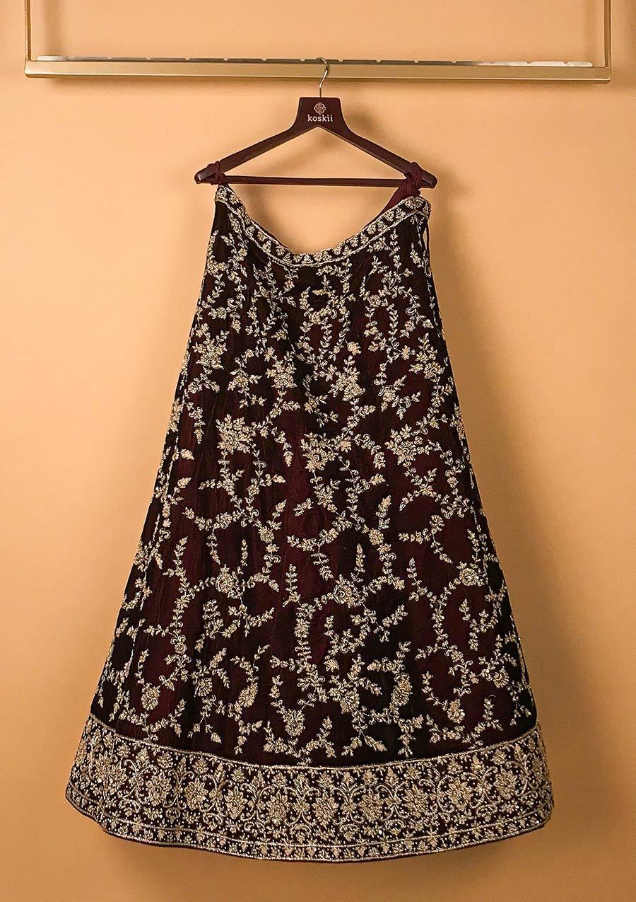 Wine Zardosi Velvet Designer Semi-Stitched Lehenga - koskii