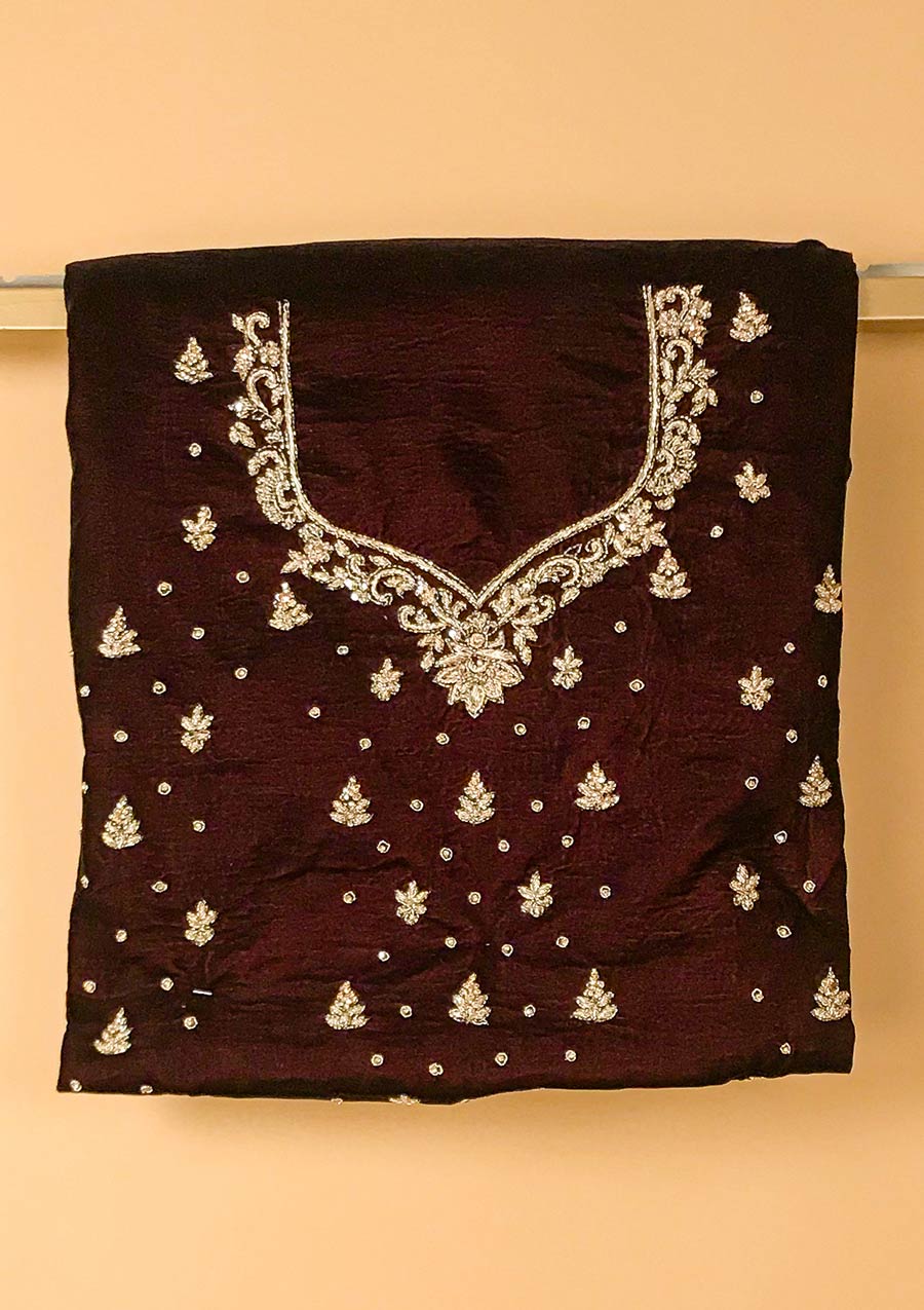 Wine Zardosi Velvet Designer Semi-Stitched Lehenga - koskii