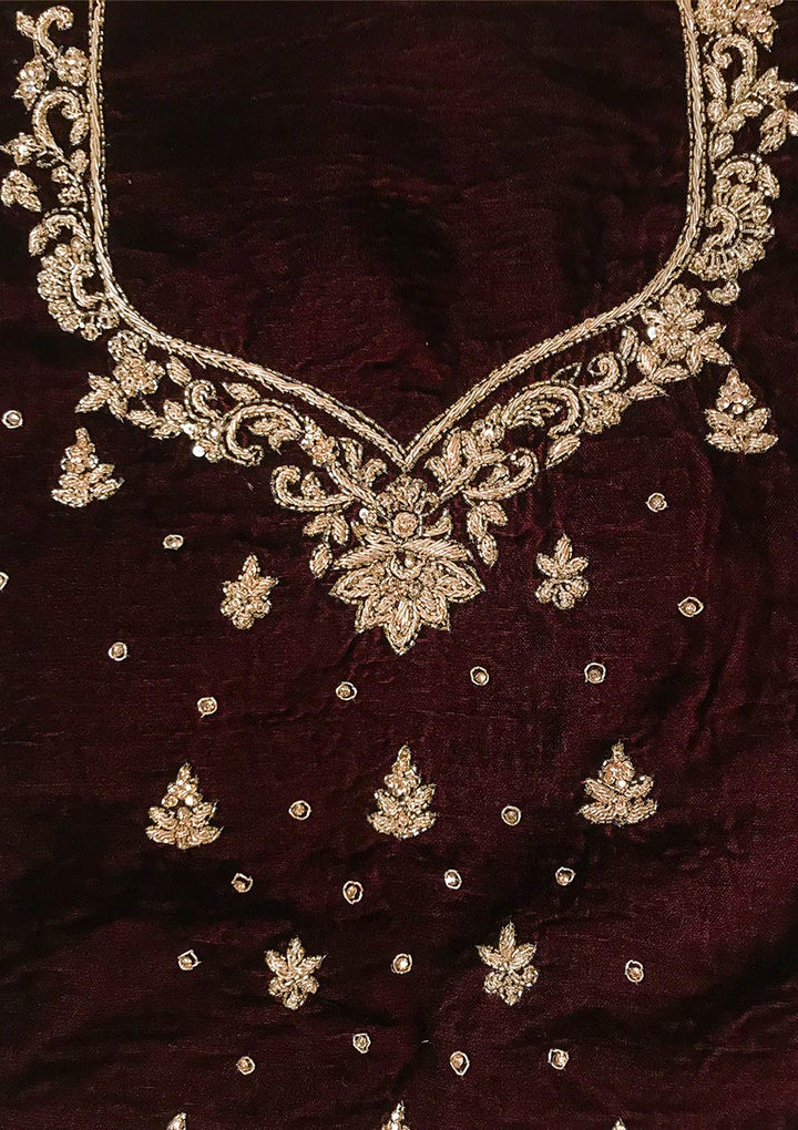 Wine Zardosi Velvet Designer Semi-Stitched Lehenga - koskii