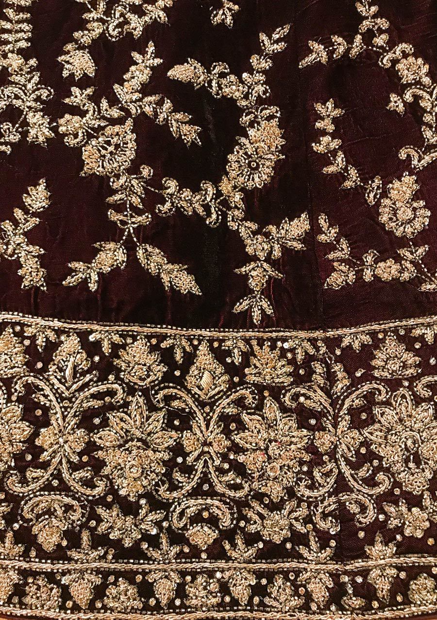 Wine Zardosi Velvet Designer Semi-Stitched Lehenga - koskii