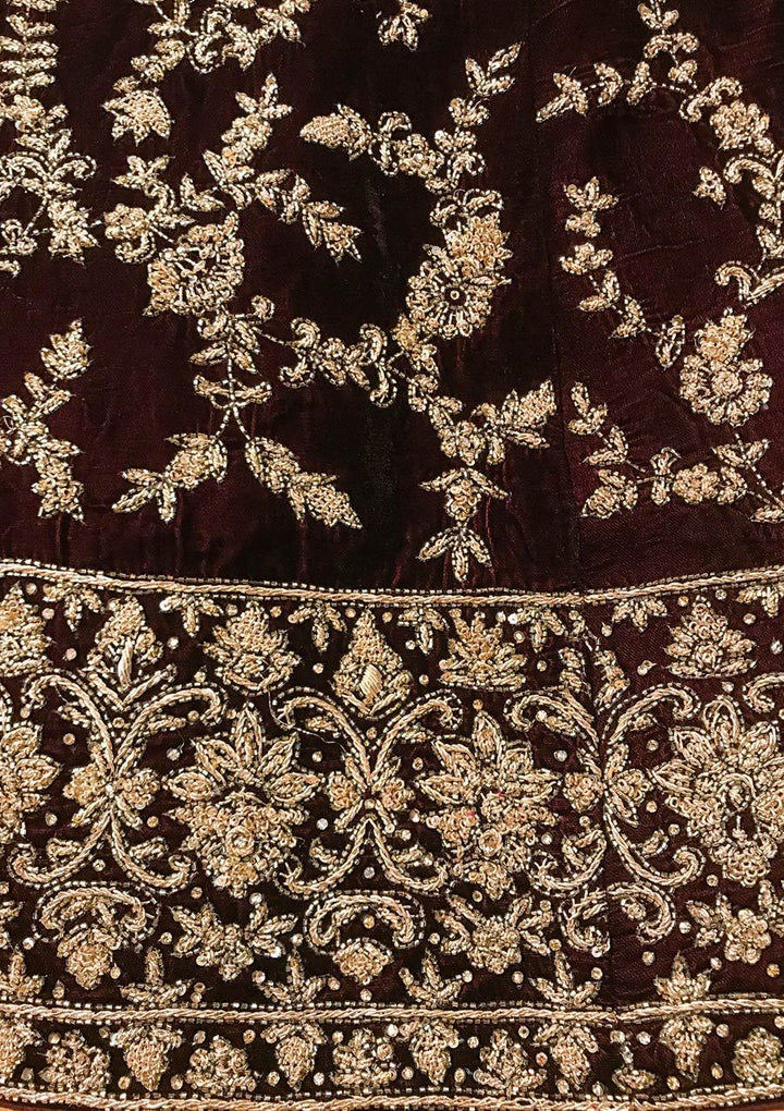 Wine Zardosi Velvet Designer Semi-Stitched Lehenga - koskii