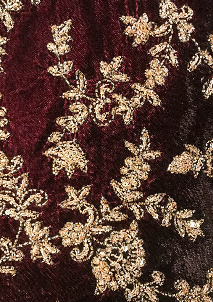 Wine Zardosi Velvet Designer Semi-Stitched Lehenga - koskii