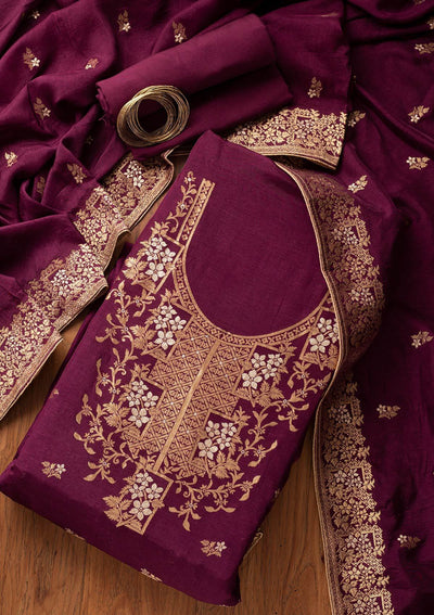 Wine Zariwork Semi Crepe Designer Semi-Stitched Salwar Suit - koskii