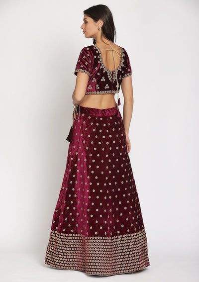 Wine Zariwork Velvet Designer Semi-Stitched Lehenga - koskii